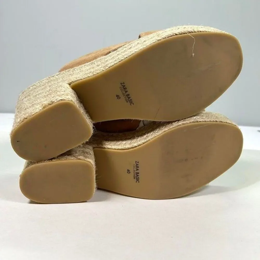 Zara Basic Suede Block Heel Open Toe Espadrille Sandals‎ Womens 40 (US 10) Tan